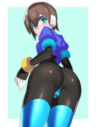 Rule 34 | 1girl, aile (mega man zx), ass, blush, bodystocking, bodysuit, breasts, brown hair, from below, gloves, layered sleeves, long sleeves, looking at viewer, mega man (series), mega man zx, no pants, protected link, robot ears, short hair, short over long sleeves, short sleeves, simple background, solo, spandex, ukimukai