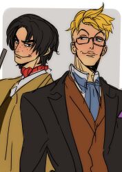 Rule 34 | 2boys, absurdres, black hair, blonde hair, closed mouth, coat, freckles, glasses, highres, jacket, long sleeves, male focus, marco (one piece), multiple boys, one piece, portgas d. ace, rita ya, short hair, smile