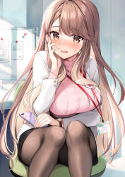 Rule 34 | 1girl, absurdres, black skirt, blush, breasts, brown eyes, brown hair, brown pantyhose, chair, commentary request, embarrassed, hand on own cheek, hand on own face, highres, holding, holding phone, id card, jacket, knees together feet apart, large breasts, long hair, looking at viewer, mamiya yurika, office chair, office lady, on chair, open mouth, oryo (oryo04), pantyhose, pencil skirt, phone, pink sweater, ponkotsu kawaii mamiya-san, second-party source, sitting, skirt, sweater, swivel chair, turtleneck, turtleneck sweater, watch, white jacket, wristwatch