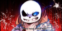 Rule 34 | 1boy, black sclera, blue jacket, broken glass, bullet hole, close-up, colored sclera, english text, glass, glowing, glowing eye, gradient background, grin, hood, hooded jacket, hoodie, jacket, looking at viewer, male focus, onieon, red background, sans (undertale), shaded face, shatter, simple background, single eye, skeleton, smile, solo, spoilers, teeth, text focus, undertale, upper body