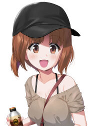 Rule 34 | 1girl, absurdres, alternate costume, baseball cap, between breasts, blush, bra strap, breasts, brown eyes, brown hair, cleavage, girls und panzer, hat, highres, looking at viewer, medium breasts, nishizumi miho, open mouth, shiina excel, short hair, short sleeves, simple background, smile, solo, strap between breasts, white background