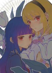 Rule 34 | 2girls, blank stare, blonde hair, blue hair, facing to the side, flower, furude rika, hand on another&#039;s chest, headband, highres, higurashi no naku koro ni, hime cut, houjou satoko, looking at viewer, multiple girls, red eyes, school uniform, st. lucia academy school uniform, white flower, wkwknrk