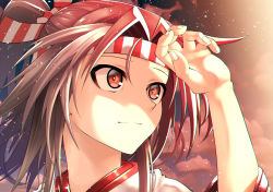 Rule 34 | 1girl, akane harurou, brown hair, closed mouth, cloud, hachimaki, hair ribbon, headband, japanese clothes, kantai collection, light particles, long sleeves, ponytail, portrait, ribbon, shading eyes, sky, solo, upper body, zuihou (kancolle)