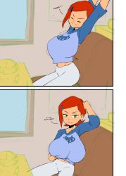 Rule 34 | 1girl, alternate breast size, ben 10, breast lift, breasts, english text, green eyes, gwen tennyson, highres, huge breasts, looking at viewer, maydrawfag, orange hair, sitting, stretching, tagme