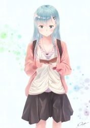 Rule 34 | 1girl, aqua eyes, aqua hair, backpack, bag, beige shirt, black skirt, blush, breasts, cardigan, cellphone, closed mouth, collarbone, hair ornament, hairclip, highres, holding, holding phone, jewelry, kantai collection, knees, large breasts, long hair, long sleeves, looking at phone, necklace, open cardigan, open clothes, phone, phone wallet, pink cardigan, ring, shirt, signature, simple background, skirt, smartphone, smile, solo, standing, suzuya (kancolle), undershirt, yukai nao