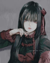 Rule 34 | 1girl, aoi ogata, artist name, black dress, black hair, bow, brown eyes, clip studio paint (medium), closed mouth, dress, english text, frilled dress, frilled sleeves, frills, grey background, hair between eyes, highres, long hair, long sleeves, looking at viewer, original, red bow, solo