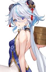 Rule 34 | 1girl, ahoge, alternate costume, backless dress, backless outfit, bare back, blue dress, blue eyes, blue hair, breasts, bun cover, commentary request, double bun, dress, furina (genshin impact), genshin impact, hair bobbles, hair bun, hair ornament, highres, hominamia, long hair, looking at viewer, multicolored hair, pantyhose, parted lips, small breasts, solo, streaked hair, very long hair, white hair, white pantyhose
