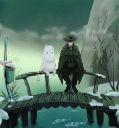 Rule 34 | 1boy, blue eyes, bridge, cloak, cloud, crossover, edmond dantes (fate), fate/grand order, fate (series), hat, ice, male focus, moomin, moomintroll, mountain, own hands together, paopu, postbox, red eyes, river, sign, sitting, smile, tail, tree