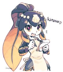 Rule 34 | 1girl, apron, character name, colored sclera, cursive, fins, fish girl, hair ornament, head fins, heart, holding, holding notepad, holding pen, iroha23628, minette (skullgirls), monster girl, notepad, open mouth, pale skin, pen, pink eyes, scales, shell, signature, skullgirls, smile, solo, waitress, white apron, yellow sclera