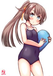 Rule 34 | 1girl, alternate costume, artist logo, black one-piece swimsuit, blush, brown hair, commentary request, competition school swimsuit, contrapposto, cowboy shot, dated, grey eyes, hair ribbon, highres, kanon (kurogane knights), kantai collection, kazagumo (kancolle), kickboard, long hair, looking at viewer, one-piece swimsuit, ponytail, pout, revision, ribbon, school swimsuit, simple background, solo, swimsuit, tsurime, white background