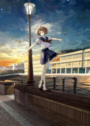 Rule 34 | 1girl, balancing, bare legs, barefoot, black neckerchief, black skirt, blue sailor collar, brown eyes, brown hair, building, chef no kimagure salad, city, closed mouth, cloud, commentary, copyright request, gradient sky, highres, lamppost, looking at viewer, morning, neckerchief, official art, outstretched arms, pleated skirt, railing, sailor collar, school, school uniform, serafuku, shirt, short hair, short sleeves, sidewalk, skirt, sky, smile, solo, spread arms, star (sky), starry sky, sunrise, tiptoes, twilight, walking, white shirt