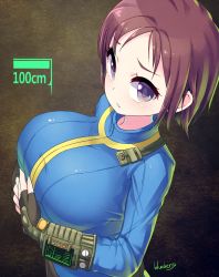 Rule 34 | 1girl, artist name, black gloves, blueberry (5959), breast hold, breasts, brown hair, fallout (series), female focus, fingerless gloves, gloves, gradient background, large breasts, pip boy, purple eyes, short hair, solo, vault jumpsuit (fallout 4), vault suit