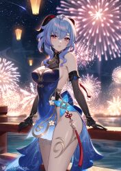 Rule 34 | 1girl, aerial fireworks, against railing, bare shoulders, black gloves, blue dress, blue hair, china dress, chinese clothes, commentary request, cowboy shot, detached sleeves, dress, fireworks, ganyu (genshin impact), ganyu (twilight blossom) (genshin impact), genshin impact, gloves, goat horns, hair between eyes, helloimtea, highres, horns, lantern, long hair, looking at viewer, night, night sky, official alternate costume, outdoors, parted lips, purple eyes, railing, short dress, sky, solo, star (sky), starry sky