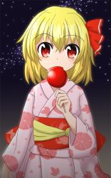 Rule 34 | 1girl, alternate costume, blush, candy apple, eating, floral print, food, gradient background, hair ribbon, japanese clothes, kimono, long sleeves, looking at viewer, obi, red eyes, ribbon, rumia, sash, sky, solo, star (sky), starry sky, teoi (good chaos), touhou, wide sleeves