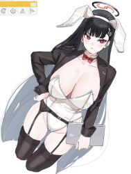 Rule 34 | 1girl, animal ears, black hair, black thighhighs, blue archive, blush, bow, bowtie, breasts, bright pupils, cleavage, commentary request, detached collar, fake animal ears, garter belt, garter straps, groin, hair ornament, hairclip, halo, highres, holding, holding tablet pc, large breasts, leotard, long hair, marearu1176, playboy bunny, rabbit ears, red bow, red bowtie, red eyes, rio (blue archive), shrug (clothing), tablet pc, thighhighs, very long hair, white leotard, white pupils