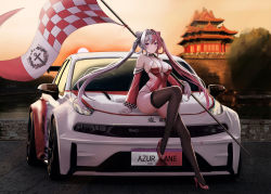 Rule 34 | absurdres, architecture, azur lane, backless leotard, breasts, car, castle, chao ho (azur lane), checkered flag, checkered hairband, checkered sleeves, cleavage, detached sleeves, dragon empery (emblem), east asian architecture, flag, grey hair, hair horns, high heels, highres, kcar66t, large breasts, leotard, lynk &amp; co 03, motor vehicle, multicolored hair, outdoors, purple eyes, purple hair, race queen, race vehicle, racecar, red footwear, red leotard, split-color hair, sunset, thighhighs, thighs, vehicle focus