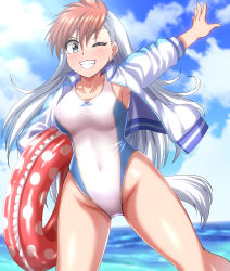 Rule 34 | 1girl, absurdres, blue eyes, blue sky, breasts, cloud, collarbone, commentary request, commission, competition swimsuit, covered navel, cowboy shot, day, ghost sweeper mikami, grin, highres, horizon, innertube, inuzuka shiro, jacket, large breasts, letterman jacket, looking at viewer, multicolored clothes, multicolored hair, multicolored jacket, ocean, one-piece swimsuit, outdoors, pixiv commission, polka dot innertube, red hair, sky, smile, solo, swim ring, swimsuit, two-tone hair, two-tone jacket, white hair, white one-piece swimsuit, zanntetu