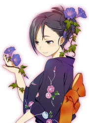 Rule 34 | 1girl, bad id, bad pixiv id, black hair, floral print, flower, hair flower, hair ornament, japanese clothes, kimono, leaf, mattaku mousuke, morning glory, morning glory print, original, plant, short hair, simple background, smile, solo, vines, yellow eyes