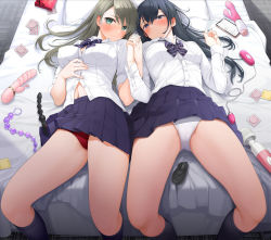 Rule 34 | 2girls, anal beads, bed, black hair, black skirt, blush, bow, bowtie, breasts, cellphone, cleavage, closed mouth, collared shirt, condom, condom wrapper, dildo, egg vibrator, fed (giba), green eyes, grey eyes, holding hands, interlocked fingers, light brown hair, long hair, looking at viewer, lying, medium breasts, multiple girls, navel, on back, on bed, original, panties, pantyshot, parted lips, phone, pleated skirt, red panties, school uniform, sex toy, shirt, skirt, smartphone, straight hair, unbuttoned, unbuttoned shirt, underwear, vibrator, white panties, white shirt