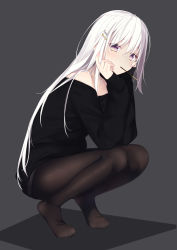 Rule 34 | 1girl, bare shoulders, black pantyhose, black shirt, black shorts, blush, commentary request, food, food in mouth, full body, grey background, hair between eyes, hair ornament, hairclip, hands up, highres, pantyhose under shorts, long hair, long sleeves, looking at viewer, mouth hold, off-shoulder shirt, off shoulder, original, pantyhose, pocky, purple eyes, sasahara wakaba, shadow, shirt, short shorts, shorts, sleeves past wrists, solo, squatting, very long hair, white hair