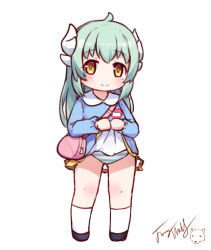 Rule 34 | 1girl, aged down, ahoge, armor, black footwear, blue shirt, blush, brown eyes, chibi, closed mouth, clothes lift, collared shirt, dragon horns, fate/grand order, fate (series), full body, green hair, head tilt, horns, kindergarten uniform, kiyohime (fate), langbazi, lifting own clothes, long hair, long sleeves, panties, pleated skirt, shirt, shoulder armor, signature, simple background, skirt, skirt lift, smile, socks, solo, standing, striped clothes, striped panties, underwear, very long hair, white background, white socks, yellow skirt