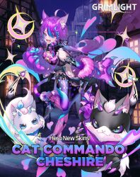 Rule 34 | 1girl, ahoge, animal ears, animal hands, blue hair, breasts, cat, cat ears, cheshire cat (grimlight), claw (weapon), cleavage, commentary, crescent, crescent hair ornament, english commentary, english text, full body, gloves, grimlight, hair ornament, long hair, medium breasts, multicolored hair, official art, open mouth, paw gloves, ponytail, purple eyes, purple hair, smile, solo, streaked hair, weapon