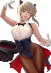 Rule 34 | 1girl, artoria pendragon (fate), artoria pendragon (lancer alter) (fate), bare shoulders, black leotard, blonde hair, braid, breasts, buttons, coattails, collared shirt, fate/grand order, fate (series), french braid, gloves, hair between eyes, hat, highleg, highleg leotard, highres, horns, large breasts, leotard, long hair, looking at viewer, shirt, sidelocks, simple background, sleeveless, solo, thighs, top hat, white background, white gloves, white shirt, yamaneko (tkdrumsco), yellow eyes