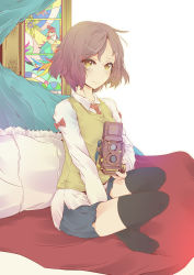 Rule 34 | 1girl, bad id, bad pixiv id, between legs, bird, black thighhighs, blanket, blue skirt, brown hair, camera, curtains, eyelashes, flower, hair ornament, hairclip, hand between legs, highres, indian style, light smile, long sleeves, looking at viewer, necktie, no shoes, original, pillow, red necktie, seelean, shirt, short hair, simple background, sitting, skirt, solo, stained glass, sweater vest, thighhighs, twin-lens reflex camera, untucked shirt, white background, yellow eyes