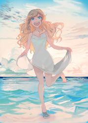 Rule 34 | 1girl, :d, ahoge, bare arms, bare shoulders, barefoot, blonde hair, blue eyes, cloud, commentary request, dress, full body, happy, idolmaster, idolmaster cinderella girls, leg up, long hair, ohtsuki yui, open mouth, outdoors, sawarakajin, shallow water, smile, solo, swept bangs, teeth, upper teeth only, water, wavy hair, white dress