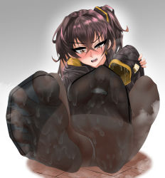 Rule 34 | absurdres, black pantyhose, brown eyes, brown hair, commission, feet, foot focus, girls&#039; frontline, highres, long hair, no shoes, nokchamint, open mouth, panties, pantyhose, scar, scar across eye, scar on face, shoes, side ponytail, soles, spread toes, sweat, toes, ump45 (girls&#039; frontline), underwear, unworn shoes, white panties