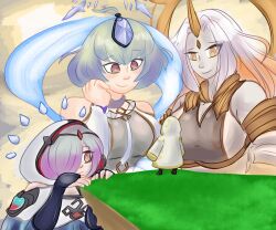 Rule 34 | 1boy, 3girls, bare shoulders, bridal gauntlets, circlet, cloak, colored skin, crystal, ddbofthestars, fire emblem, fire emblem heroes, giant, giantess, green hair, grey hair, grey skin, gullveig (fire emblem), hagoromo, highres, hood, hooded cloak, jewelry, kiran (fire emblem), kvasir (fire emblem), long hair, looking at another, multicolored hair, multiple girls, necklace, nintendo, purple hair, seidr (fire emblem), shawl, short hair, smile, two-tone hair, yellow eyes