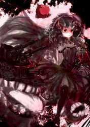 Rule 34 | 10s, 1girl, absurdly long hair, abyssal ship, armband, assi, black dress, black hair, bodysuit, corset, dress, faux traditional media, isolated island oni, kantai collection, long hair, looking at viewer, red eyes, solo, teeth, tongue, turret, veil, very long hair