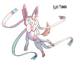 Rule 34 | :d, blue eyes, blurry, commentary request, creatures (company), game freak, gen 6 pokemon, looking to the side, missing eye, morio (poke orio), nintendo, no humans, open mouth, pokedex number, pokemon, pokemon (creature), simple background, smile, solo, sylveon, toes, white background