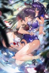 Rule 34 | 2girls, absurdres, antenna hair, blue eyes, blue hair, blue one-piece swimsuit, blurry, blurry foreground, breasts, bug, butterfly, cleavage, dual persona, frilled swimsuit, frills, full body, headband, highres, honkai (series), honkai impact 3rd, insect, looking at viewer, multiple girls, nail polish, nigoolas, one-piece swimsuit, purple nails, red butterfly, red eyes, red hair, red one-piece swimsuit, sandals, seele (alter ego), seele vollerei, seele vollerei (stygian nymph), short sleeves, summer, swimsuit, water, wet, wet clothes, wet swimsuit
