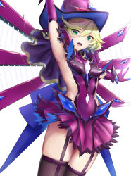 Rule 34 | 1girl, arm up, black thighhighs, blonde hair, blush, carol malus dienheim, clothing cutout, elbow gloves, gloves, green eyes, hat, highres, long hair, looking at viewer, mizuya nao, mole, mole under eye, open mouth, purple gloves, senki zesshou symphogear, shiny skin, side cutout, simple background, skirt, solo, standing, thighhighs, white background