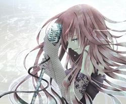 Rule 34 | 1girl, aonoe, aqua eyes, bad id, bad pixiv id, dress, elbow gloves, female focus, fishnets, gloves, gradient background, long hair, megurine luka, microphone, microphone stand, pink hair, solo, tears, vintage microphone, vocaloid