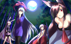 Rule 34 | 4girls, absurdres, animal ears, bamboo, bamboo forest, bare shoulders, bike shorts, blue hair, breasts, brooch, brown hair, rabbit ears, cleavage, collarbone, dress, fang, forest, fujiwara no mokou, full moon, hair over one eye, hair ribbon, hat, highres, imaizumi kagerou, jewelry, kamishirasawa keine, large breasts, long hair, long sleeves, looking at viewer, moon, multiple girls, nature, nonbiri-silver, open mouth, pants, pantyhose, purple hair, red eyes, reisen udongein inaba, ribbon, silver hair, sitting, skirt, smile, touhou, very long hair, weapon, wolf ears, yamanami osamu