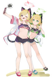 Rule 34 | 2girls, ;d, absurdres, alternate costume, animal ears, arm up, asymmetrical footwear, bikini, blonde hair, blue archive, cat ears, cat tail, closed mouth, commentary request, fake animal ears, full body, green eyes, hair ribbon, halo, hand up, headphones, highres, holding, holding phone, midori (blue archive), mimizuku (mmiganaru), mismatched footwear, momoi (blue archive), multiple girls, navel, one eye closed, open mouth, outstretched arm, parted bangs, phone, pink eyes, ribbon, selfie, short hair, short shorts, shorts, siblings, sidelocks, simple background, sisters, sleeveless, smile, standing, stomach, striped bikini, striped clothes, swimsuit, tail, tress ribbon, twins, v, white background