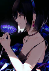 Rule 34 | 1girl, bare arms, bare shoulders, black background, black dress, black hair, blue flower, blush, brown eyes, closed mouth, collarbone, commentary request, dress, earrings, flower, glowing, hair between eyes, hisahisahisahisa, holding, holding flower, jewelry, light smile, md5 mismatch, original, profile, resolution mismatch, short hair, sleeveless, sleeveless dress, solo, source larger, upper body