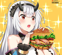 Rule 34 | 1girl, artist name, bacon, bare shoulders, beef, black hairband, blush, breasts, burger, cheese, cleavage, commentary, detached sleeves, drooling, epic seven, food, hairband, highres, holding, holding food, horns, large breasts, lettuce, long sleeves, motion lines, oni horns, open mouth, orange skirt, red eyes, round teeth, saliva, skirt, solo, sparkle background, sparkling eyes, teeth, trembling, twomoon, upper body, upper teeth only, watermark, web address, yufine (epic seven)