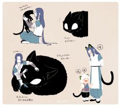 Rule 34 | 2boys, animal, animal ears, bbvip neko, black cat, black footwear, blue hair, blush, cat, cat boy, cat ears, cat tail, closed eyes, fake animal ears, fake tail, highres, holding, holding animal, holding cat, long hair, low-tied long hair, luo xiaohei, multiple boys, multiple views, open mouth, oversized animal, shoes, short hair, short sleeves, simple background, smile, tail, tan background, luo xiaohei zhanji, translation request, very long hair, white hair, wuxian (the legend of luoxiaohei)