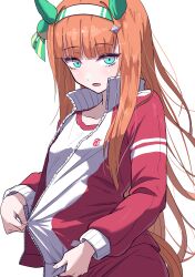 Rule 34 | 1girl, absurdres, animal ears, blue eyes, blunt bangs, blush, breasts, collarbone, commentary request, hair ornament, headband, highres, hime cut, horse ears, horse girl, horse tail, itosu200, jacket, looking at viewer, open clothes, open jacket, orange hair, silence suzuka (umamusume), simple background, small breasts, solo, tail, tracen training uniform, track jacket, umamusume, white background