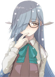 Rule 34 | 1girl, absurdres, bespectacled, black hair, bow, bowtie, brown eyes, finger to mouth, fyuo, glasses, grey legwear, hair over one eye, halterneck, hayashimo (kancolle), highres, hime cut, kantai collection, looking at viewer, school uniform, shirt, simple background, solo, upper body, white background, white shirt