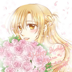 Rule 34 | 1girl, 2019, :d, asuna (sao), blonde hair, bouquet, braid, brown eyes, character name, dated, floating hair, flower, french braid, hair between eyes, happy birthday, holding, holding bouquet, kanaoto neiro, long hair, open mouth, petals, pink flower, pink rose, rose, shiny skin, signature, smile, solo, sword art online, upper body, white background