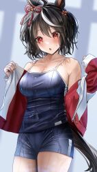 Rule 34 | 1girl, absurdres, ahoge, animal ears, black hair, blurry, blurry background, blush, bob cut, breasts, collarbone, commentary request, competition school swimsuit, cowboy shot, hair between eyes, highres, horse ears, horse girl, horse tail, jacket, kitasan black (umamusume), large breasts, multicolored hair, open clothes, open jacket, open mouth, po musubi, red eyes, red jacket, school swimsuit, short hair, solo, streaked hair, swimsuit, tail, tracen swimsuit, tracen training uniform, two-tone hair, umamusume, wet, wet clothes, wet hair, wet swimsuit, white hair