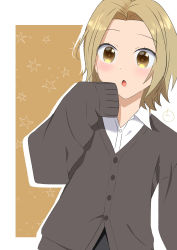 Rule 34 | 1girl, blonde hair, grey sweater, hand up, highres, hori-san to miyamura-kun, looking at viewer, myulea illust, open mouth, short hair, simple background, sleeves past fingers, sleeves past wrists, solo, standing, sweater, upper body, yoshikawa yuki (hori-san to miyamura-kun)