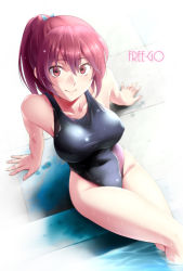 Rule 34 | 10s, 1girl, arm support, breasts, competition swimsuit, covered erect nipples, free!, from above, highres, kokutou, long hair, looking at viewer, looking up, matsuoka gou, medium breasts, one-piece swimsuit, ponytail, poolside, red eyes, red hair, sitting, smile, solo, swimsuit, taut clothes, taut swimsuit, wet