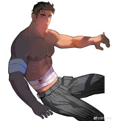 Rule 34 | 1boy, abs, absurdres, bara, batman (series), blue eyes, bruce wayne, check copyright, cigarette, copyright request, cropped legs, dc comics, highres, large pectorals, male focus, midriff sarashi, muscular, muscular male, nipples, pants, pectorals, sarashi, short hair, sideburns, solo, stomach, thick eyebrows, topless male, xiedaifenshi (7329016845)