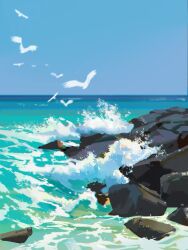 Rule 34 | absurdres, bird, blue sky, chromatic aberration, commentary, commentary request, day, english commentary, highres, horizon, no humans, ocean, original, scenery, sky, still life, waves, white bird, yoohu6