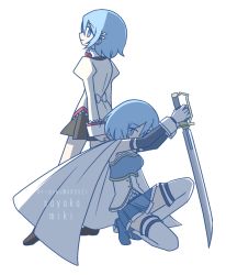 Rule 34 | 2girls, arms behind back, black skirt, blue eyes, blue hair, blue skirt, boots, cape, character name, covering own mouth, covering privates, detached sleeves, dual persona, expressionless, full body, gloves, hair ornament, hairclip, holding, holding sword, holding weapon, kneeling, light smile, long sleeves, looking away, looking back, magical girl, mahou shoujo madoka magica, mahou shoujo madoka magica (anime), miki sayaka, mitakihara school uniform, multiple girls, pleated skirt, pokki (sue eus), profile, puffy sleeves, red ribbon, ribbon, school uniform, short hair, skirt, soul gem, standing, strapless, sword, thighhighs, weapon, white cape, white gloves, white legwear, zettai ryouiki